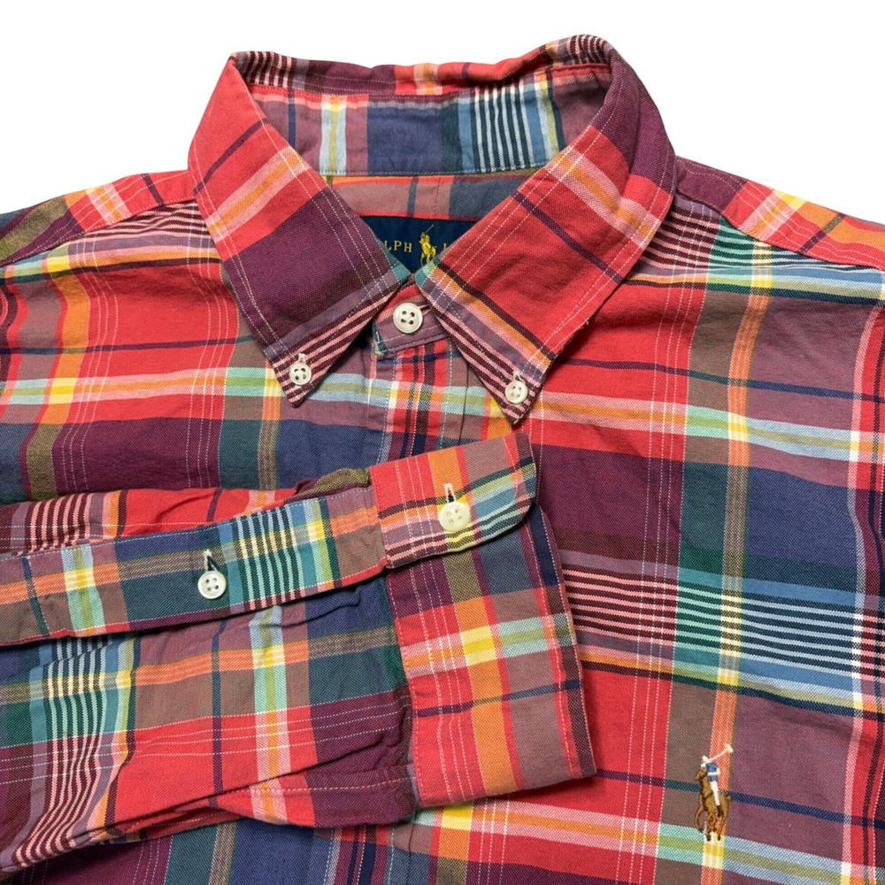 Ralph Lauren Mens Plaid Button Down Shirt Red Blue Multi Color Large Long Sleeve